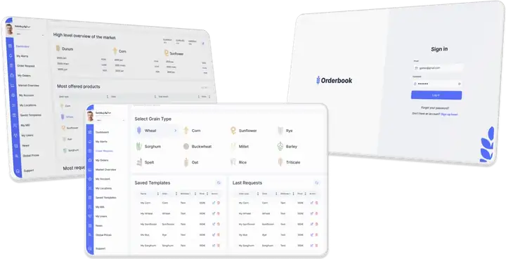 Orderbook – gabonakereskedelmi B2B platform felülete